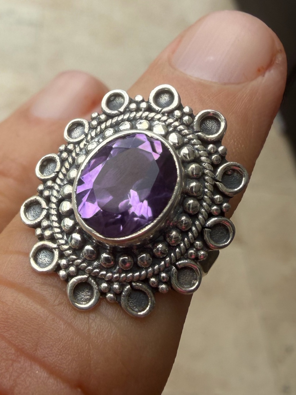 Sterling Genuine Amethyst Purple Gemstone Statement Ring